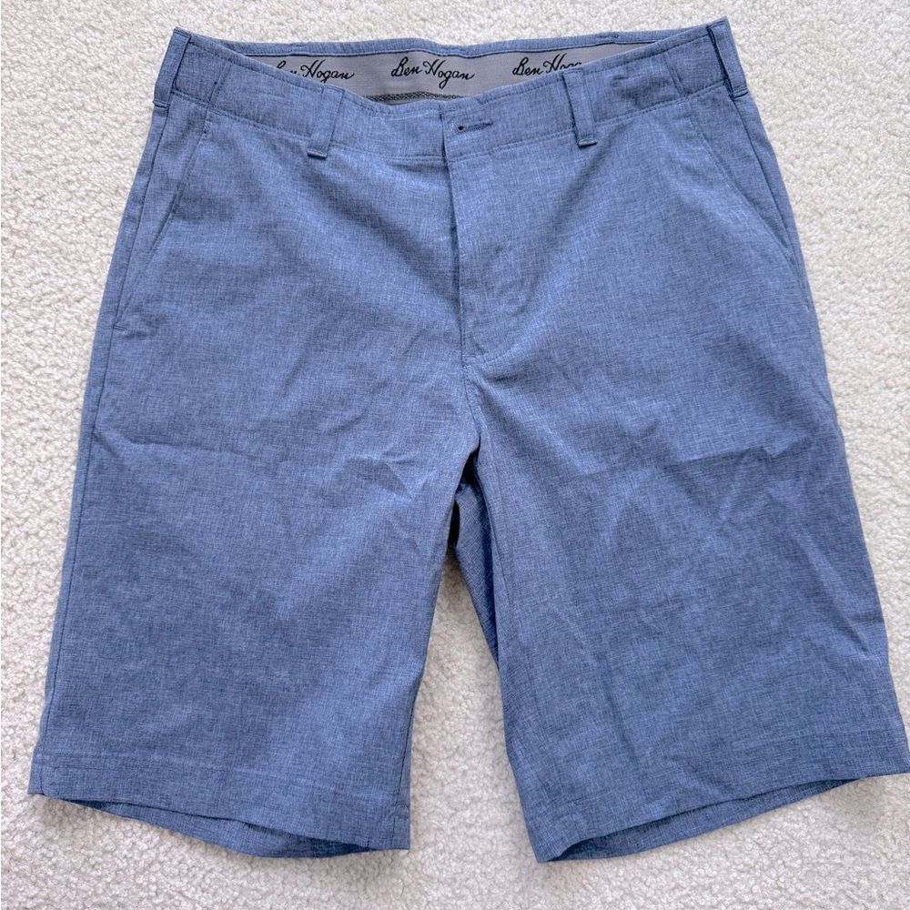 Blue flat front shorts.